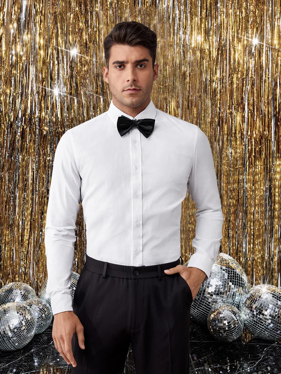 GENTILAND Men Cotton Button Front Shirt Without Bow - White - View 1