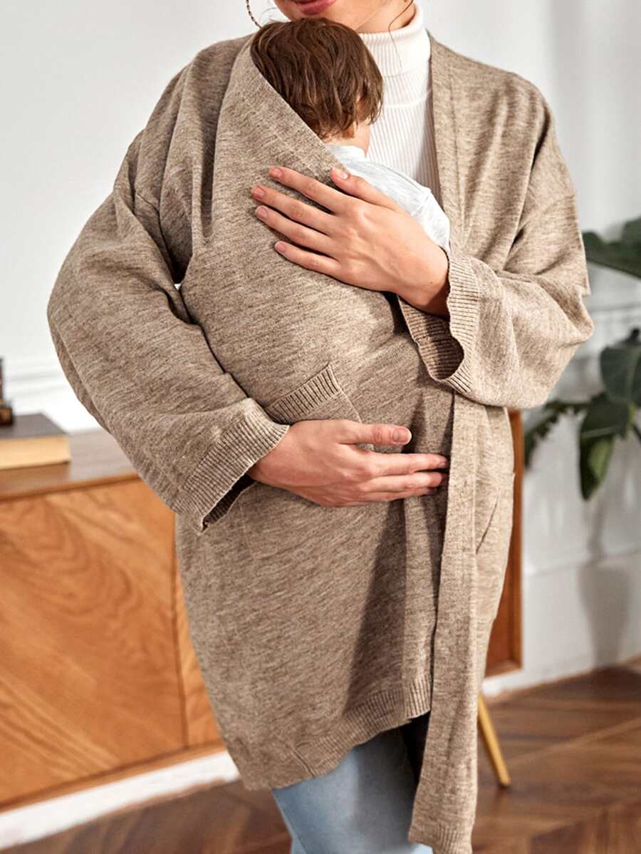 SHEIN Maternidad Cárdigan de hombros caídos con doble bolsillo - Caqui - Ver 1