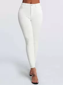 SHEIN Essnce Curvy High Stretch Raw Hem Skinny Jeans - White - View 1