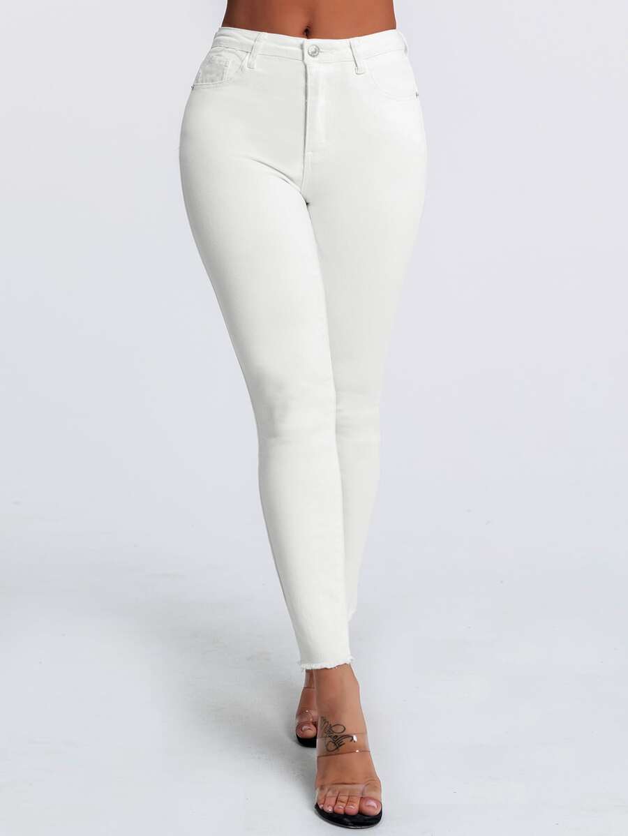 SHEIN Essnce Curvy High Stretch Raw Hem Skinny Jeans - White - View 1