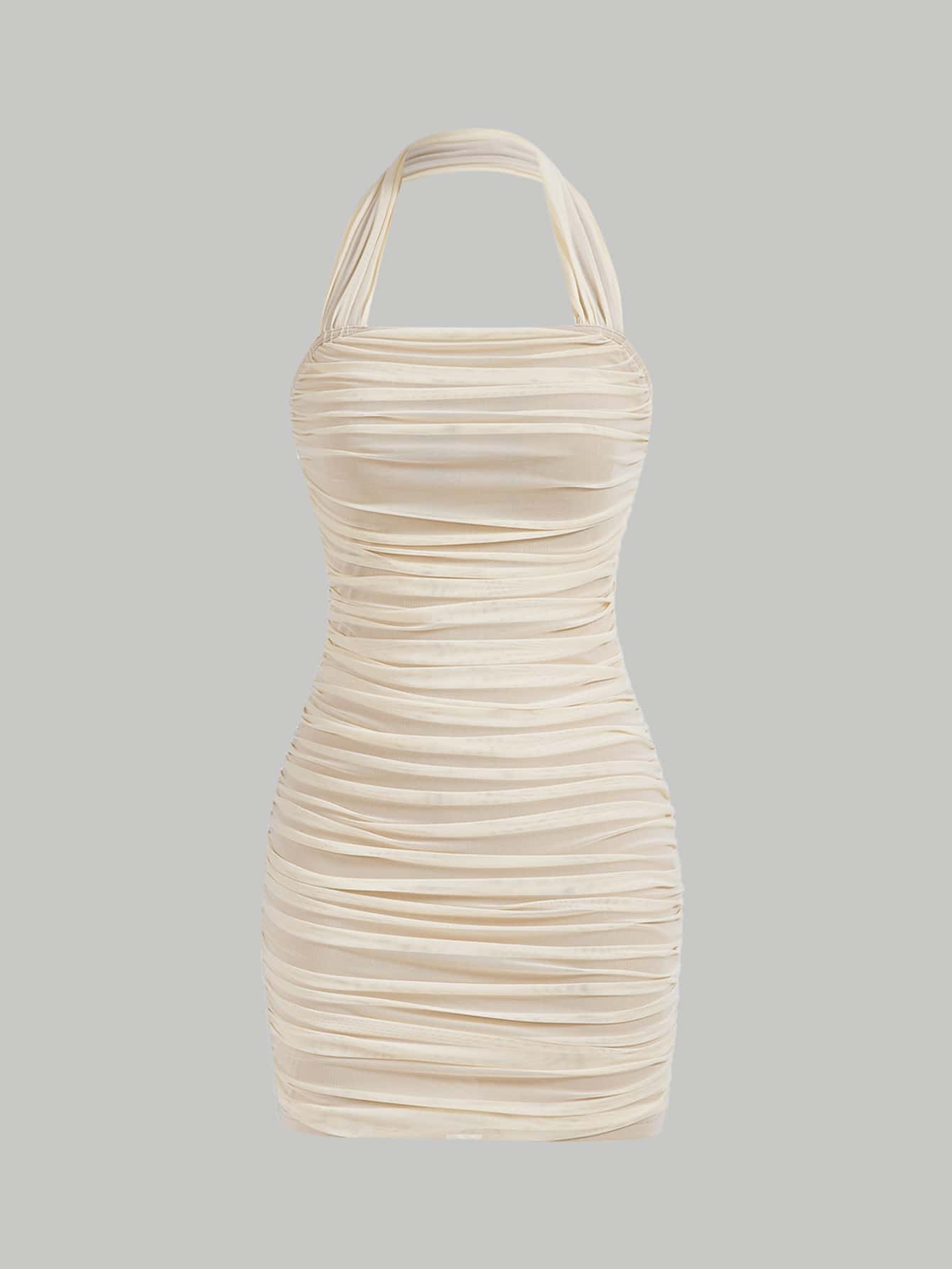 SHEIN MOD Halterneck Backless Ruched Mesh Bodycon Dress - Apricot - View 1
