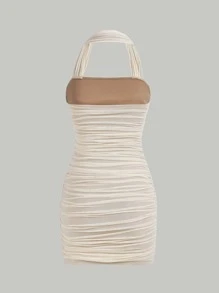 SHEIN MOD Halterneck Backless Ruched Mesh Bodycon Dress - Apricot - View 2