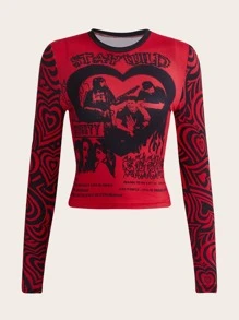 SHEIN ICON 人物和字母圖案短款T恤 - 紅色 - 查看 1