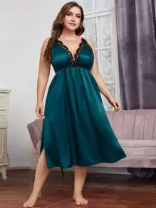 加大后背交叉睫毛蕾丝边开叉大腿缎面睡裙睡衣裙 - 水鴨藍 - 查看 1