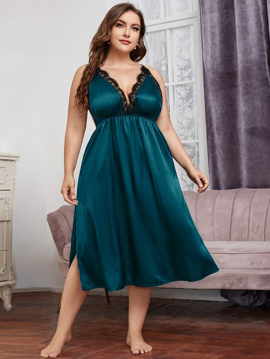 加大后背交叉睫毛蕾丝边开叉大腿缎面睡裙睡衣裙 - 水鴨藍 - 查看 1