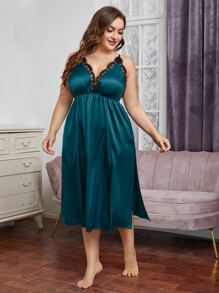 加大后背交叉睫毛蕾丝边开叉大腿缎面睡裙睡衣裙 - 水鴨藍 - 查看 5