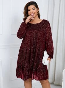 SHEIN Clasi Plus Allover Print Ruffle Hem Smock Dress - Burgundy - View 1