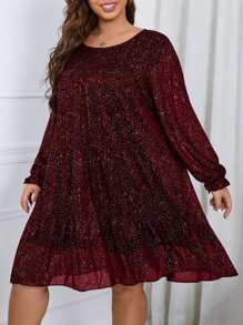 SHEIN Clasi Plus Allover Print Ruffle Hem Smock Dress - Burgundy - View 4