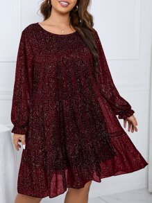 SHEIN Clasi Plus Allover Print Ruffle Hem Smock Dress - Burgundy - View 5