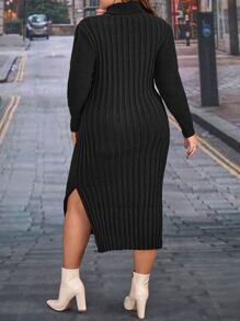 SHEIN Clasi Vestido de punto cuello alto bajo con abertura con cinturón - Negro - Ver 2