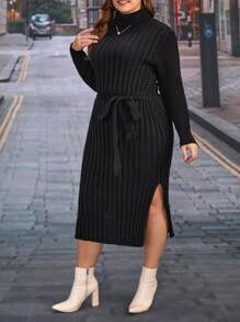 SHEIN Clasi Vestido de punto cuello alto bajo con abertura con cinturón - Negro - Ver 3