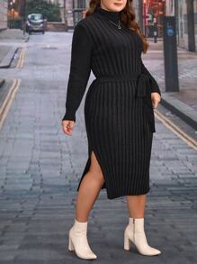 SHEIN Clasi Vestido de punto cuello alto bajo con abertura con cinturón - Negro - Ver 4