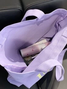 Letter Graphic Linen Shopper Bag Túi đi học dành cho sinh viên mới tốt nghiệp, cô gái tuổi teen, sinh viên năm nhất, sinh viên năm hai, sinh viên năm cuối đại học, đại học và trung học phổ thông, hoàn hảo cho hoạt động ngoài trời, du lịch và quay lại trường học - Màu tím - Xem 8