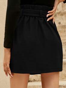 SHEIN Frenchy Paperbag Waist Fake Button Belted Skirt - Black - View 2