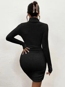 SHEIN Frenchy 小高領褶邊緊身連衣裙 - 黑色 - 查看 2