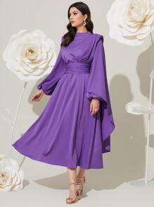 Modelyn Mock Neck Lantern Sleeve Ruched Waist Dress - Violet Purple - View 1