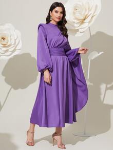 Modelyn Mock Neck Lantern Sleeve Ruched Waist Dress - Violet Purple - View 4