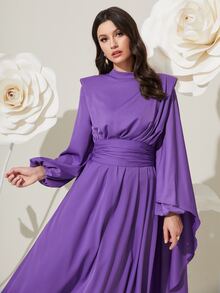 Modelyn Mock Neck Lantern Sleeve Ruched Waist Dress - Violet Purple - View 5