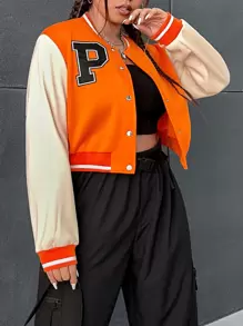 SHEIN EZwear Plus Letter Patched Striped Trim Colorblock Bomber Jacket - Multicolor - View 1