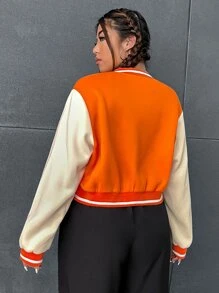 SHEIN EZwear Plus Letter Patched Striped Trim Colorblock Bomber Jacket - Multicolor - View 2