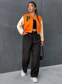 SHEIN EZwear Plus Letter Patched Striped Trim Colorblock Bomber Jacket - Multicolor - View 3