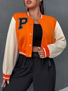 SHEIN EZwear Plus Letter Patched Striped Trim Colorblock Bomber Jacket - Multicolor - View 4