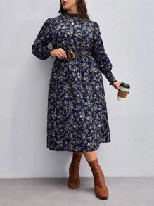 SHEIN Clasi Vestido con estampado floral de manga farol sin cinturón - Azul Marino - Ver 1