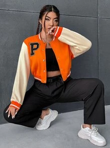 SHEIN EZwear Plus Letter Patched Striped Trim Colorblock Bomber Jacket - Multicolor - View 5