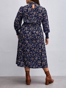 SHEIN Clasi Vestido con estampado floral de manga farol sin cinturón - Azul Marino - Ver 2