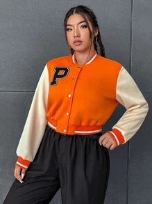 SHEIN EZwear Plus Letter Patched Striped Trim Colorblock Bomber Jacket - Multicolor - View 6