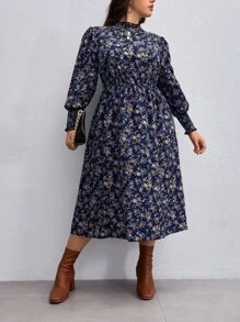 SHEIN Clasi Vestido con estampado floral de manga farol sin cinturón - Azul Marino - Ver 6
