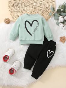 Baby Heart Print Sweatshirt & Joggers - Multicolor - View 1
