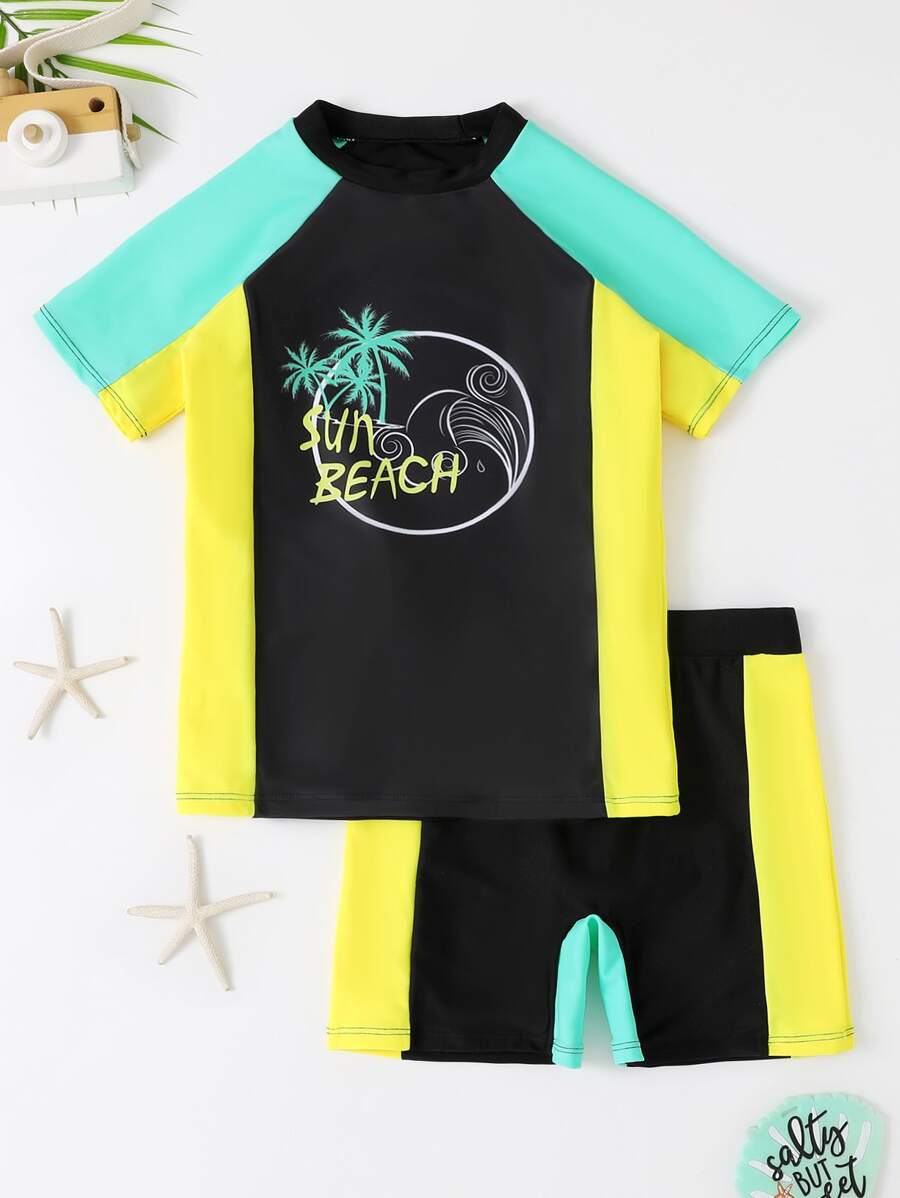 Chicos Bañador con estampado de árbol de coco y letra de color combinado de manga raglán - Multicolor - Ver 1