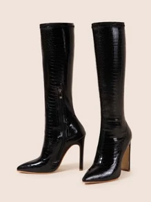 Giày bốt cao gót mũi nhọn màu đen qua đầu gối dành cho nữ, có khóa kéo bên hông, giày bốt da co giãn họa tiết động vật cho mùa thu đông, phù hợp với mọi loại váy đen, phối với corset, dự tiệc - màu đen - Xem 5