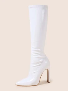 Side Zip Chunky Heeled Slip-On Sock Boots - White - View 3