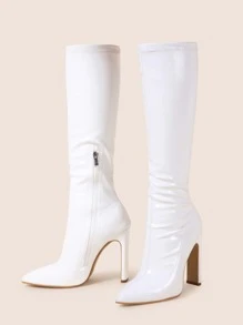 Side Zip Chunky Heeled Slip-On Sock Boots - White - View 5