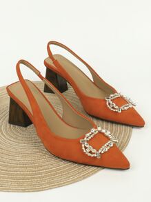 Tacones con diseño de diamante de imitación de punta con tacón grueso de talón abierto de serraje falso - Naranja - Ver 1
