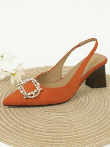 Tacones con diseño de diamante de imitación de punta con tacón grueso de talón abierto de serraje falso - Naranja - Ver 3