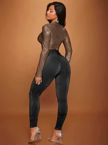 SHEIN SXY 高腰緊縮褶皺臀部金屬亮絲緊身打底褲