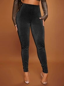 SHEIN SXY 高腰緊縮褶皺臀部金屬亮絲緊身打底褲