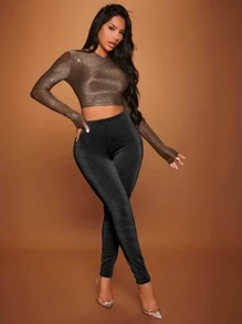 SHEIN SXY 高腰緊縮褶皺臀部金屬亮絲緊身打底褲