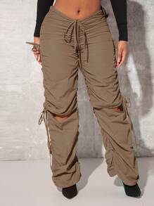 SHEIN SXY Drawstring Waist Cutout Ruched Parachute Trousers - Khaki - View 1