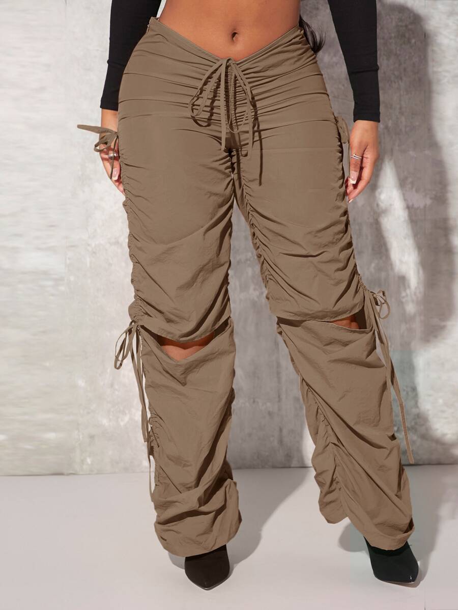 SHEIN SXY Drawstring Waist Cutout Ruched Parachute Trousers - Khaki - View 1