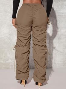 SHEIN SXY Drawstring Waist Cutout Ruched Parachute Trousers - Khaki - View 2