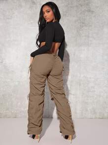 SHEIN SXY Drawstring Waist Cutout Ruched Parachute Trousers - Khaki - View 3
