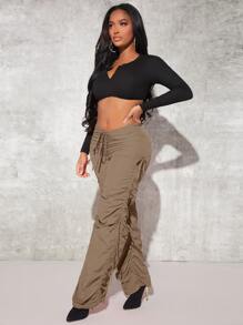 SHEIN SXY Drawstring Waist Cutout Ruched Parachute Trousers - Khaki - View 5