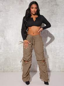 SHEIN SXY Drawstring Waist Cutout Ruched Parachute Trousers - Khaki - View 6