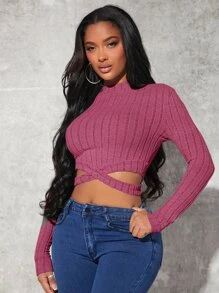 SHEIN SXY Crisscross Hem Crop Tee - Red Violet - View 1