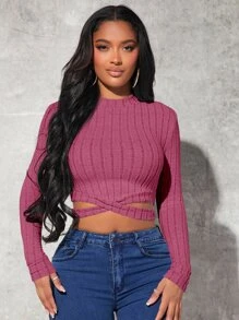 SHEIN SXY Crisscross Hem Crop Tee - Red Violet - View 3