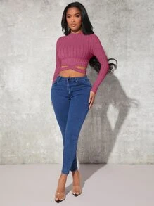 SHEIN SXY Crisscross Hem Crop Tee - Red Violet - View 5